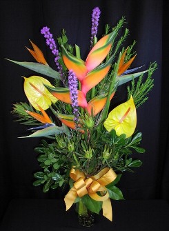Colorful tropical heliconia vased arrangement