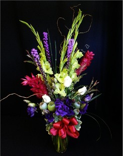 Tall mixed urn with roses & red ginger