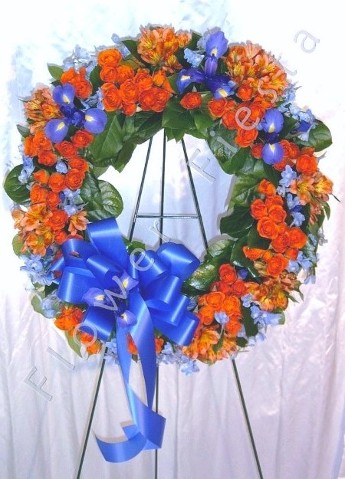 Coral and Blue Wreath of Spray Roses